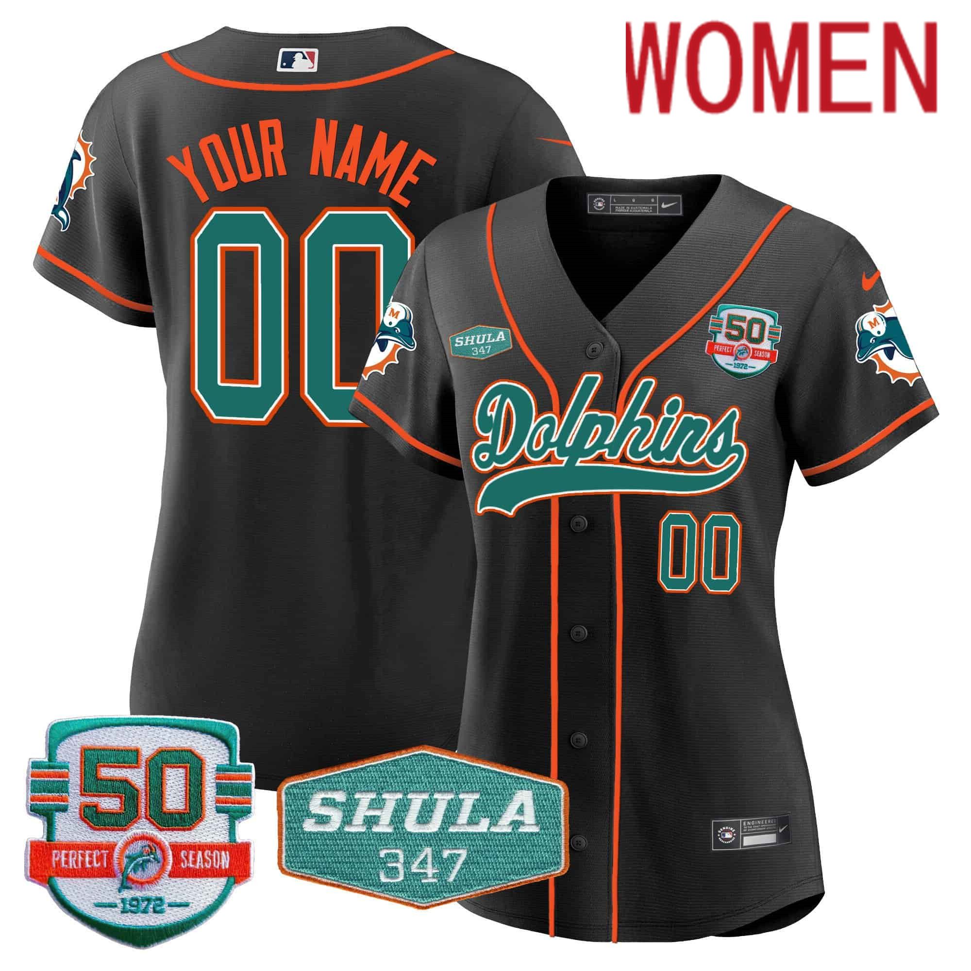 Women Miami Dolphins Black 2024 Nike 50th Don Shula Memorial Patch Baseball Custom NFL Jersey style 1